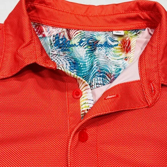 ROBERT GRAHAM LARGE Orange White Dot Print Polo Shirt Knowledge Wisdom Truth. - Picture 5 of 7